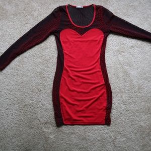 Long-Sleeved Sexy Red & Black Bodycon Mini Dress